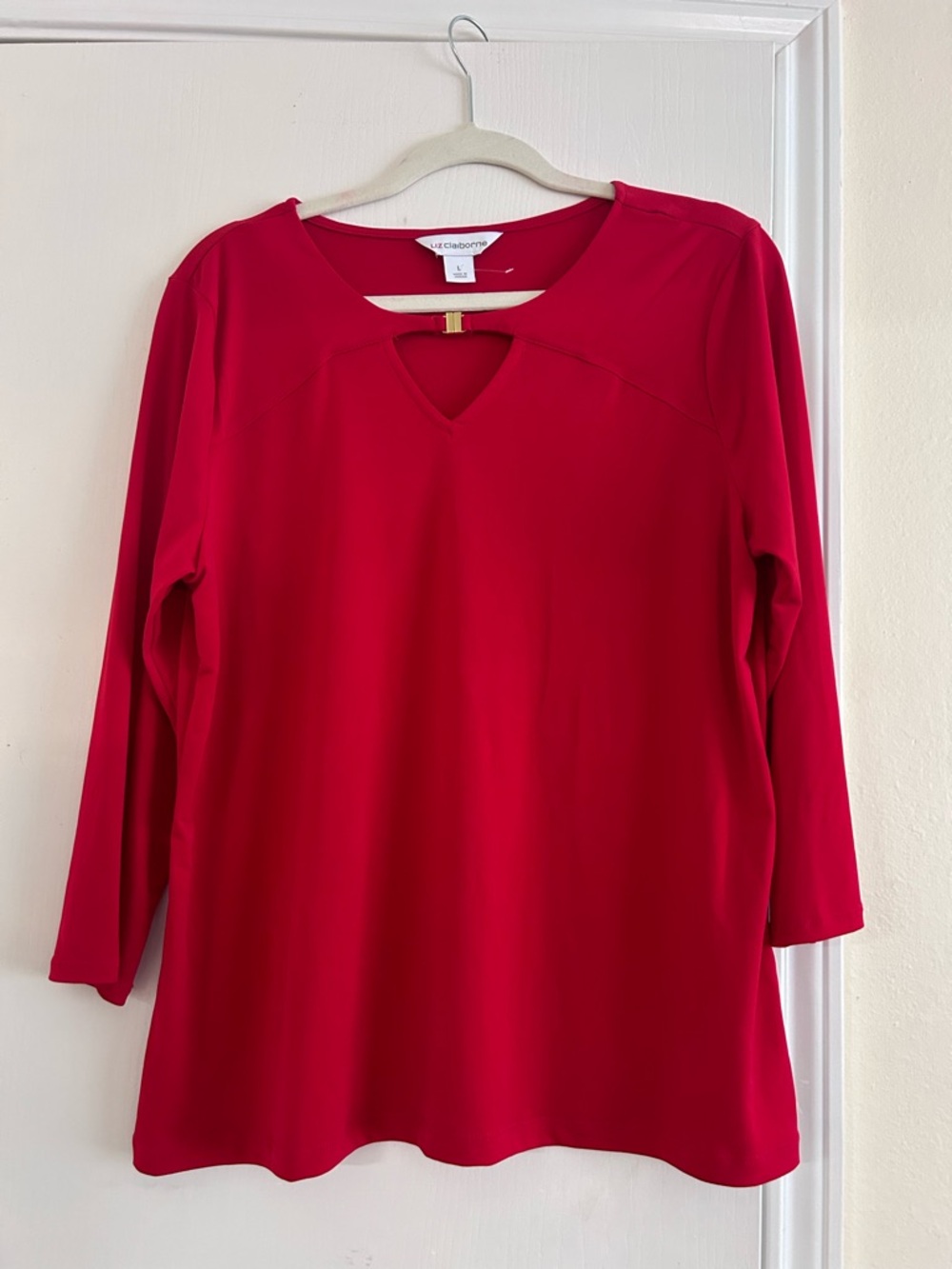 Liz Claiborne Bright Red Long-Sleeve Top with Keyhole Detail